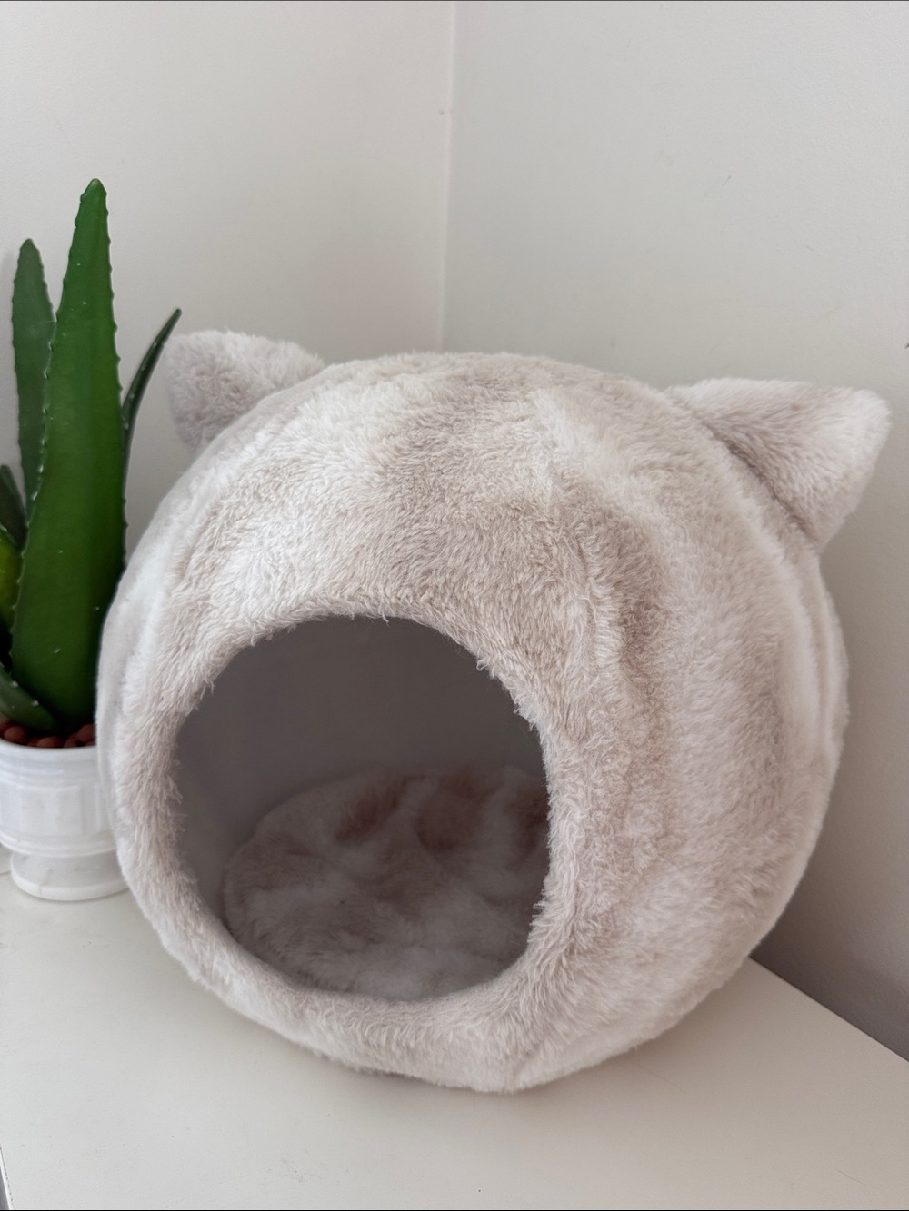 Designer Plush Cream Cat Cave Bed with Ears - Cozy Hideaway